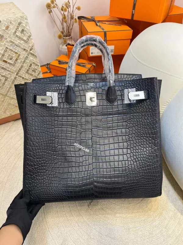 da4e9a60d7e9c08-jpg Hermes 89 Noir Matte Porosus Crocodile HAC 40CM Silver Hardware