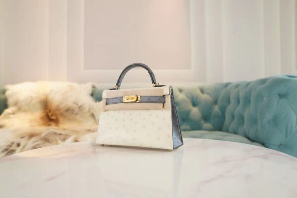 da5c42775b3cea7 New Hermes Mini Kelly19CM 8L Beton/M8 Gris Asphalt KK Ostrich Skin Gold Hardware