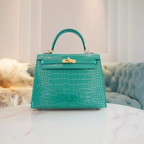God Factory Bags Hermes Kelly Sellier 25CM O6 Vert Jade HCP Shiny Alligator Gold Hardware