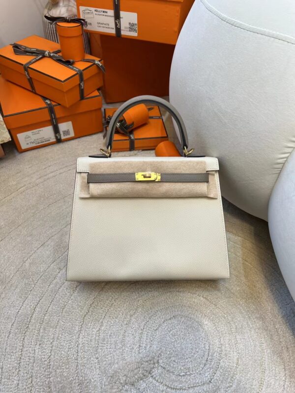 deab99bbcc55ee0-1 Hermes Kelly Sellier 25CM 10 Craie/ M8 Gris Asphalt Epsom Gold Hardware