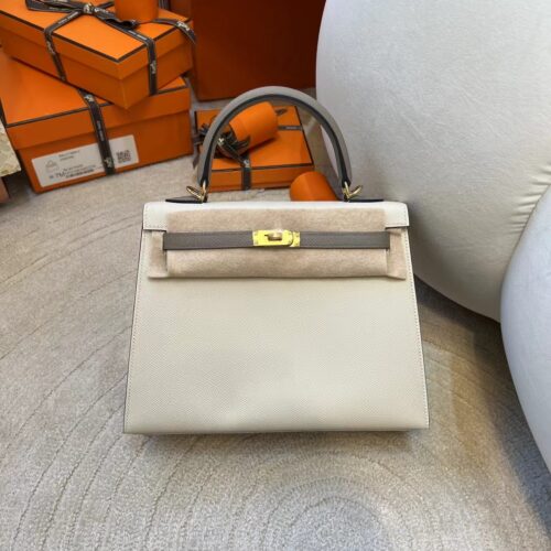 Hermes Kelly Sellier 25CM 10 Craie/ M8 Gris Asphalt Epsom Gold Hardware