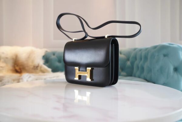 e314ea836a3b241 Full Handmade Hermes Constance Bag19CM CK89 Black Box Leather Gold Hardware