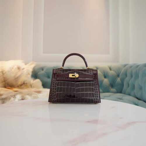 Taiwan Hermes Mini Kelly 19CM Shiny Alligator 57 Bordeaux Gold Hardware
