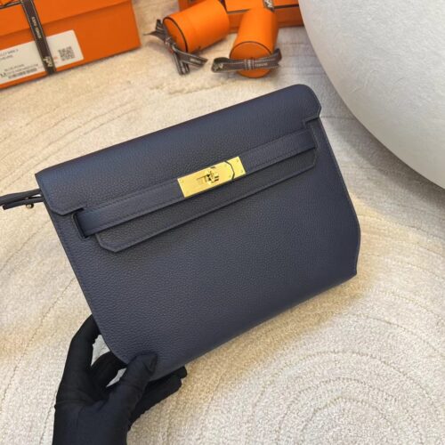 Hermes Kelly Depeches 25CM Togo Blue Saphir Clutch Bag Gold Hardware
