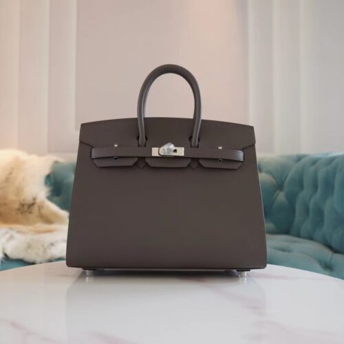 Full Handmade Hermes 8F Etain Epsom Leather Birkin25CM Silver Hardware