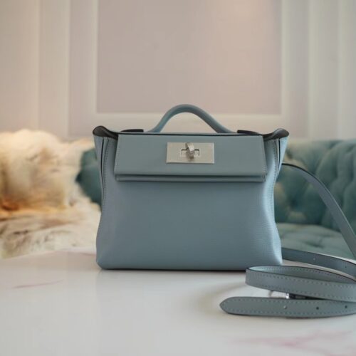Discount Hermes Mini Kelly 24/24 J7 Blue Lin / Gris Mouette Evercolor Leather Silver Hardware