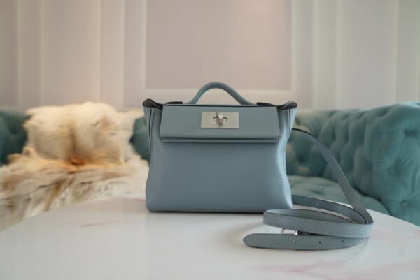 e8b39d5f0ae5bb1 Discount Hermes Mini Kelly 24/24 J7 Blue Lin / Gris Mouette Evercolor Leather Silver Hardware