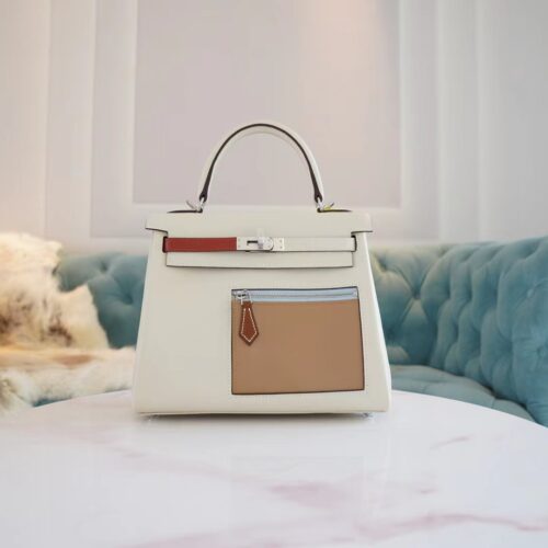 New God Factory Bags Factory Hermes Kelly25CM Colormatic Craie Swift Leather Silver Hardware