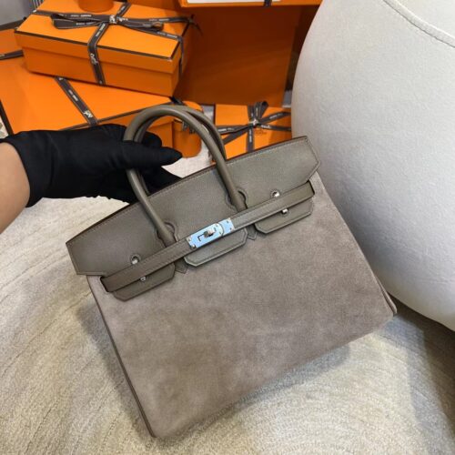 Taiwan Hermes Birkin 25CM Suede/ Swift 18 Etoupe Silver Hardware
