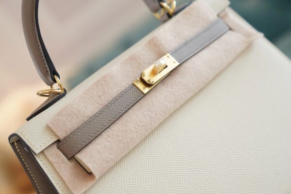 ee1b7a08ea2e15e Hand Stitch Hermes Craie/Gris Asphalt Epsom Leather Kelly 25CM Tote Bag Gold Hardware