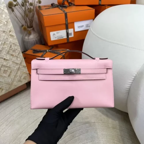 Full Handmade Hermes Swift Kelly Pochette 22cm 3Q Rose Sakura Silver Hardware
