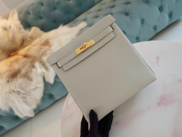 ef96c47fa79b5f7 Handmade Hermes Kelly Ado Backpack 22cm Clemence 80 Gris Pearl Gold Hardware