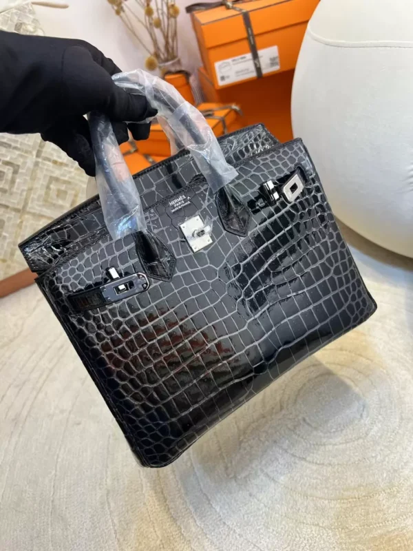 f2d41587c7de69e-jpg Hermes Shiny Porosus Crocodile Birkin 25CM 89 Noir Silver Hardware