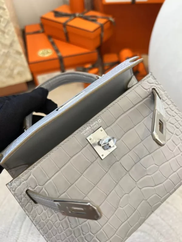 f3e4f9506fc8441-jpg Handmade Hermes Mini Kelly 19CM Matte Alligator 80 Gris Pearl Silver Hardware