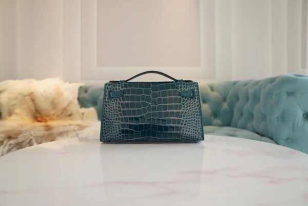 f4b7cad45209691 Hermes Factory Kelly Pochette 22CM Shiny Alligator W0 Vert Bosphore Silver Hardware