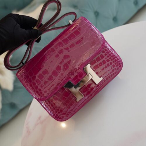 Hermes Factory Constance 19CM Shiny Alligator J5 Rose Sheherazade Silver Hardware