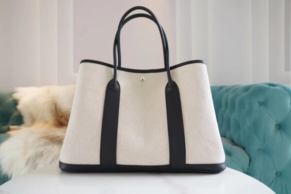 fbf3967d7fadf7c-1 Wholesale God Factory Bags Hermes Black Leather/Beige Canvas Garden Party30/36CM