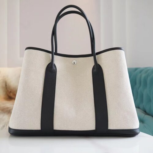 Wholesale God Factory Bags Hermes Black Leather/Beige Canvas Garden Party30/36CM