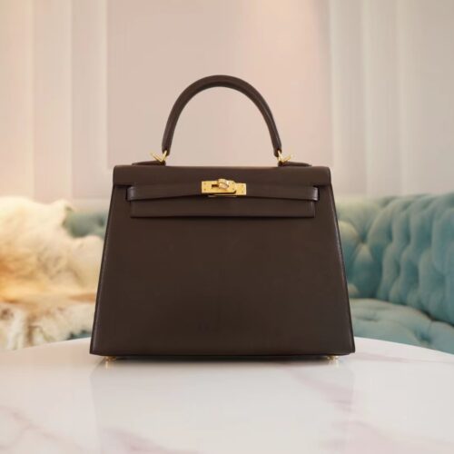 Full Handmade Hermes 46 Ebene Barenia Leather Kelly Bag25CM Gold Hardware