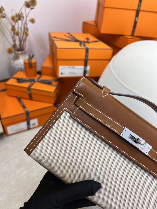 fd8b59359d5099e Hermes Kelly Pochette 22CM Barenia Fauve/ Canvas Beige Silver Hardware