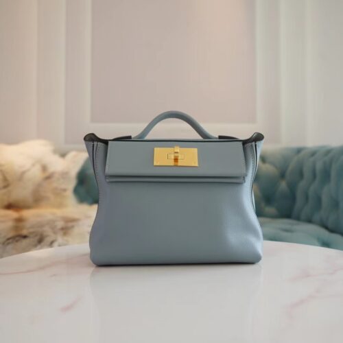 New Hermes Evercolor Mini Kelly 2424 Blue Lin / Gris Mouette Inner Gold Hardware
