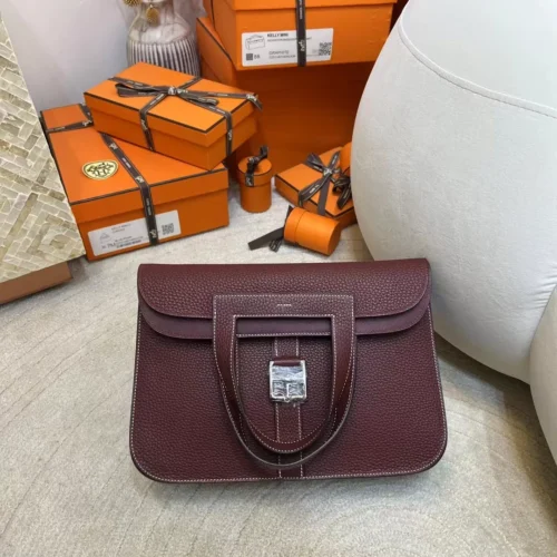 Full Handmade Clemence Leather Halzan 31CM CK55 Rouge H Silver Hardware