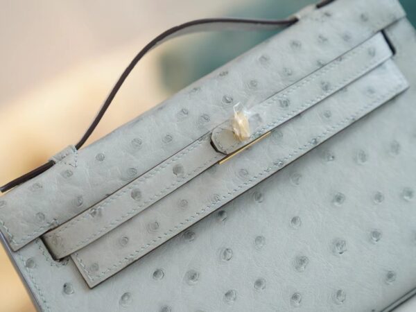 ffdc1d57a6ef9f1 New Arrival Hermes Kelly Pochette22cm 8U Blue Glacier KK Ostrich Leather Gold Hardware