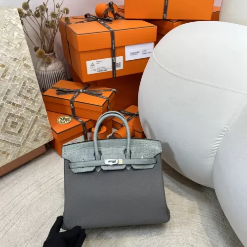 New Hermes Birkin Touch 25CM Togo 0L Gris Meyer / Matte Crocodile 0W Gris Neve Silver Hardware