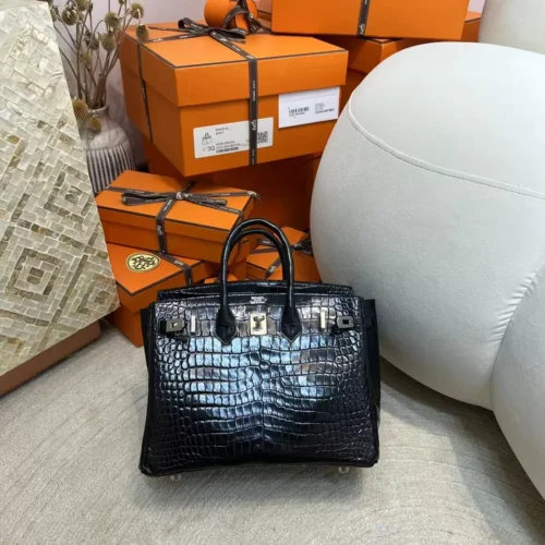Hong Kong Hermes Birkin 25 Bag HCP Shiny Porosus 89 Noir Silver Hardware