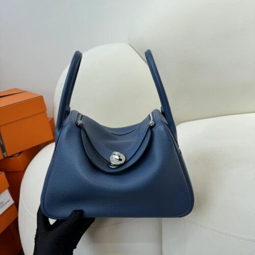 Hermes Boutique R2 Blue Agate/ 4Z Gris Mouette Clemence Lindy 26CM Silver Hardware