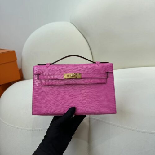 Hermes Bag Images Lizard Leather Kelly Pochette 22cm E5 Rose Tyrien Gold Hardware