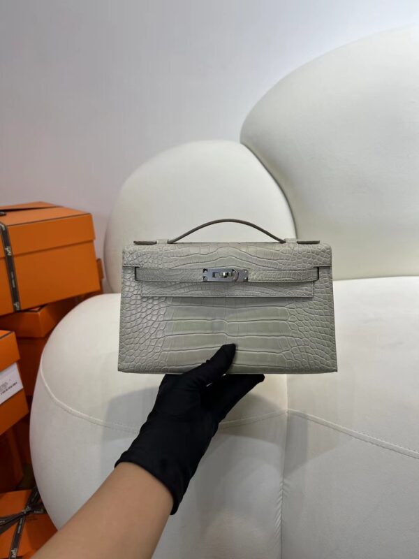 mmexport1716272520491-1 Vietnam Hermes Kelly Pochette 22CM 80 Gris Pearl Matte Alligator Crocodile Silver Hardware
