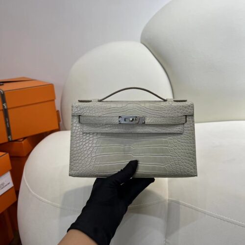 Vietnam Hermes Kelly Pochette 22CM 80 Gris Pearl Matte Alligator Crocodile Silver Hardware