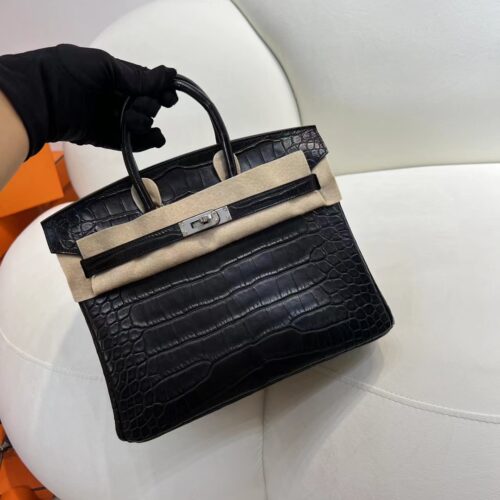 Hermes Bag Images Birkin 25CM 89 Noir Matte Alligator Crocodile Silver Hardware
