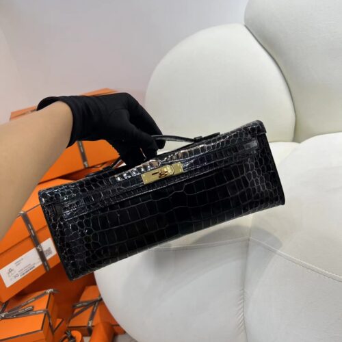 Australia Sydney Hermes Kelly Cut 31CM Shiny Porosus Crocodile 89 Noir Gold Hardware