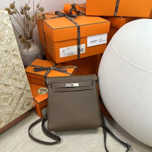 Hermes Bag Images Kelly Ado 22CM 18 Etoupe Clemence Leather Silver Hardware