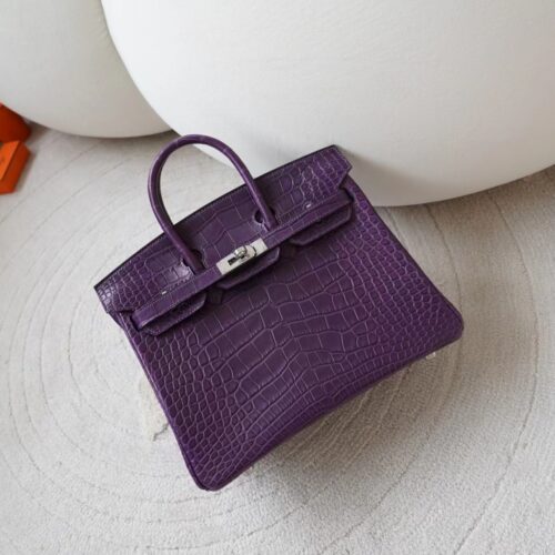 Hermes Bag Images Birkin 25CM Matte Alligator Crocodile 9G Amethyste Silver Hardware