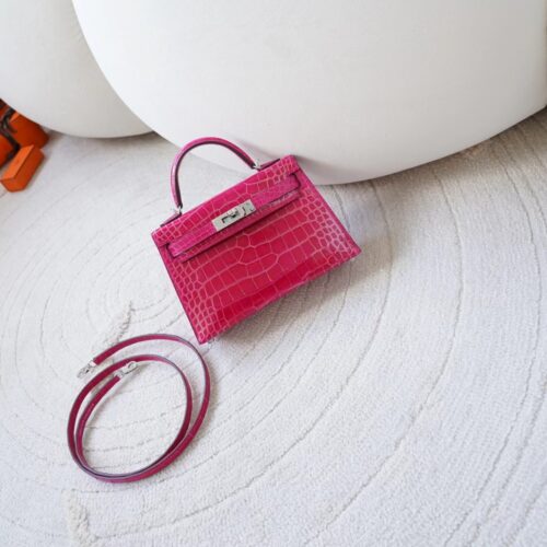 Korea Seoul Hermes Mini Kelly 19CM Shiny Alligator Crocodile 0D Rose Mexico Silver Hardware