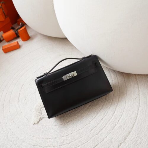 Saudi Arabia Riyadh Hermes Box Leather Kelly Pochette 22CM CK89 Noir Silver Hardware