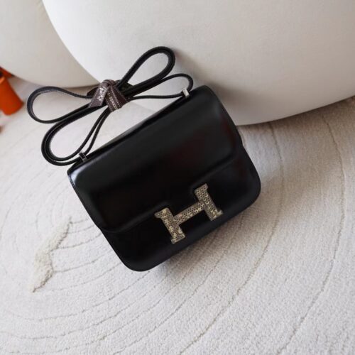 Full Handmade Hermes 89 Noir Box Leather Constance 19CM Lizard Buckle