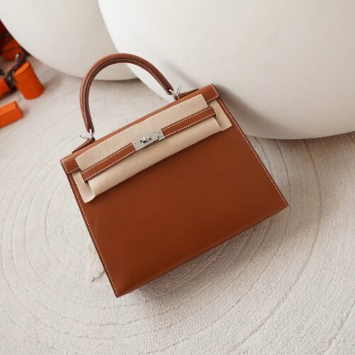 Hermes Bag Images Kelly Sellier 25CM Barenia Leather Fauve Silver Hardware