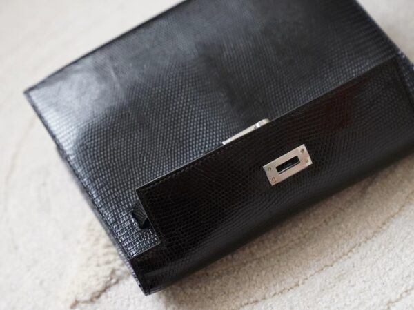 mmexport1722326300646 USA New York Hermes Lizard Leather Kelly Danse 22CM 89 Noir Silver Hardware