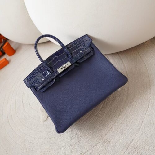 New Hermes Birkin Touch 25CM Togo /Shiny Crocodile M3 Blue Encre Silver Hardware
