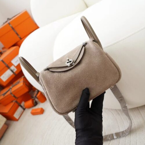 UK London Hermes Mini Lindy 19CM Suede & Swift Leather 18 Etoupe Silver Hardware