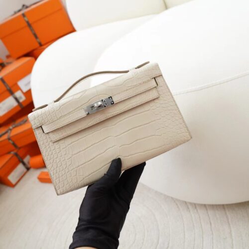 Hermes Bag Images Kelly Pochette 22CM Matte Alligator Crocodile 8L Beton Silver Hardware