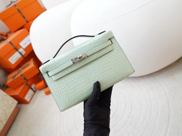 mmexport1722667311771-1 Hong Kong Hermes Kelly Pochette 22CM Matte Alligator Crocodile 6U Vert D’eau Silver Hardware