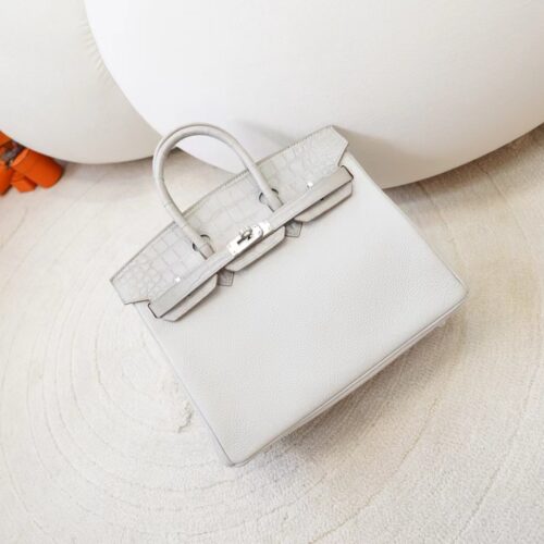 Hong Kong Hermes Birkin Touch 25CM Matte Alligator Crocodile / Togo Leather 8L Beton Silver Hardware