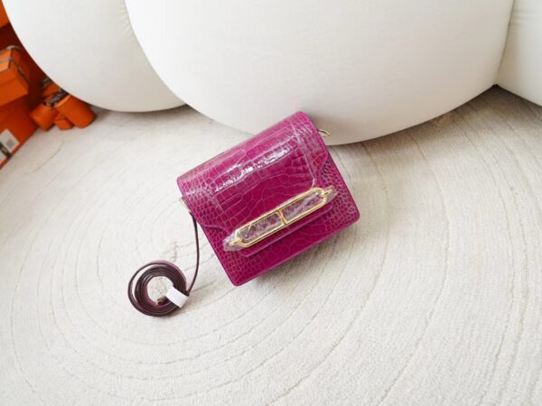 mmexport1726037010015-1 USA New York Hermes Roulis Mini 19CM HCP Shiny Alligator Crocodile J5 Rose Sheherazade Gold Hardware