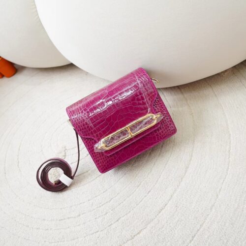 USA New York Hermes Roulis Mini 19CM HCP Shiny Alligator Crocodile J5 Rose Sheherazade Gold Hardware