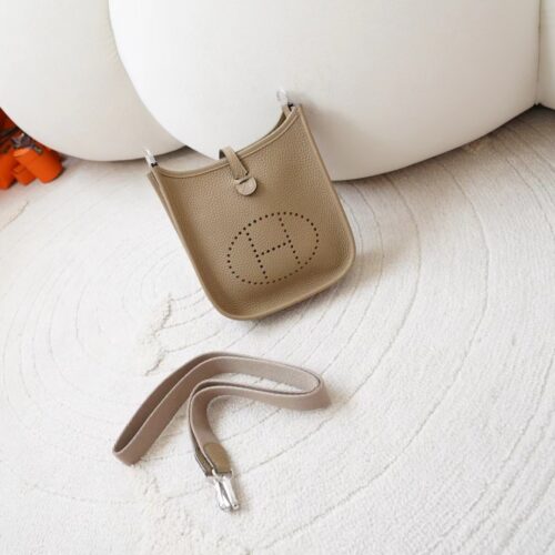 Hermes Bag Price Mini Evelyne 16CM Clemence Leather D0 Beige De Weimer Silver Hardware